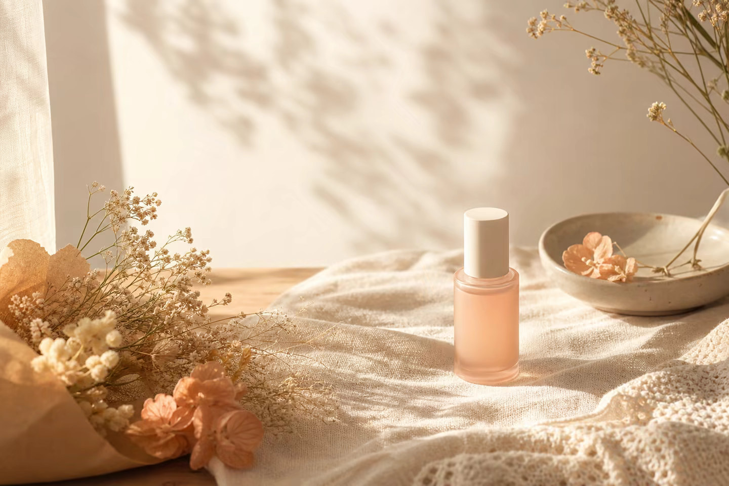 A peach cosmetic bottle in a warm natural-light product scene